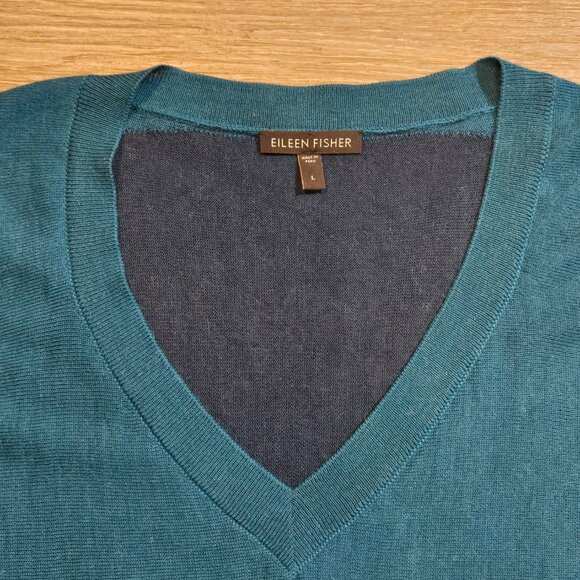 Eileen Fisher Arctic Green Sweater Women's Large 100% Royal Alpaca Colorblock - Picture 4 of 6